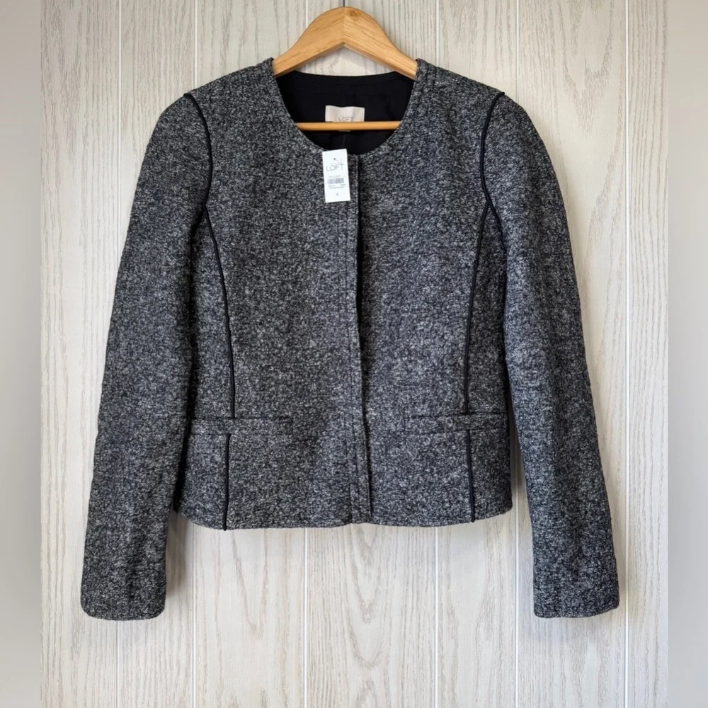 Ann Taylor LOFT Gray Tweed Snap Front Blazer Jacket Size: 4 NWT